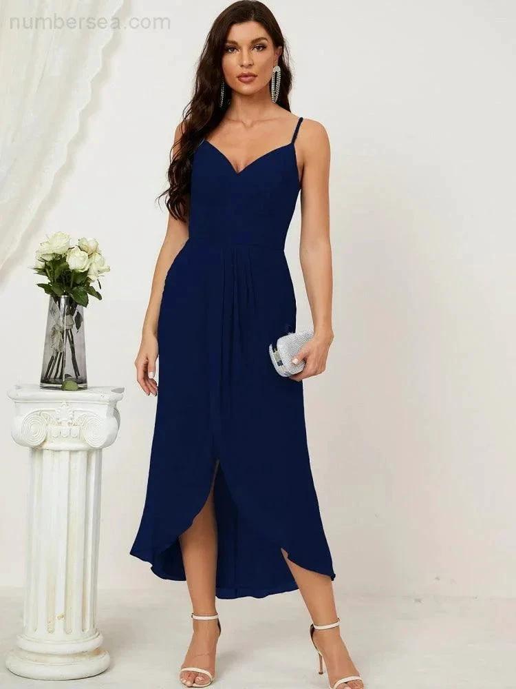 Numbersea Spaghetti Chiffon V Neck Bridesmaid Dress Mid-Length Slit Formal Prom Dress Homecoming Dress 2803