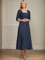 A-line Square Tea-Length Chiffon Lace Mother of the Bride Dress With Sequins Beading