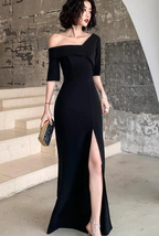 Black One Shoulder Slit Long Evening Dress Black Formal Dress Prom Dress Y946