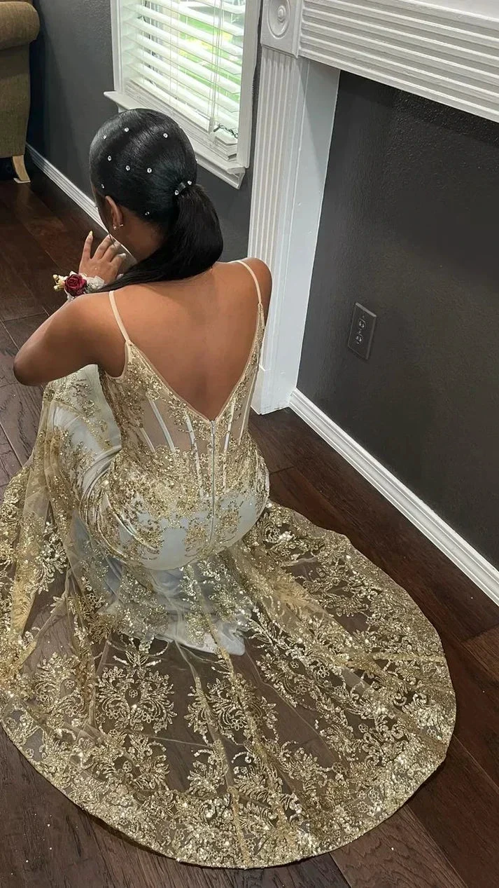 Princess Embroidered Corset Style Gold Mermaid Evening Dress Y5887