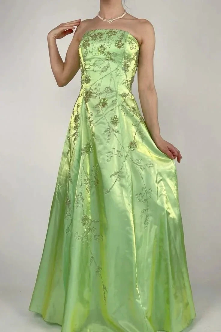 Strapless Green Satin Beaded A Line Prom Dress Evening Dress Y8412