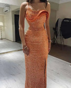 Orange Evening Dress Spaghetti Strap Pearls Beaded Sequin Lace Straight Dresses Y6648