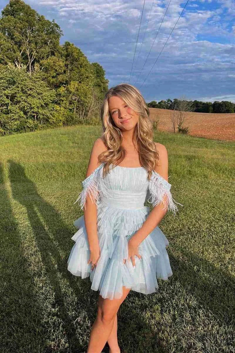 Pleated Hot Pink Cold Sleeves Tiered Tulle Party Dress Short Homecoming Dress Y1955
