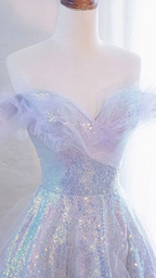 Purple Off Shoulder Sequin Tulle Long Prom Dress Purple Formal Evening Dresses Y4451