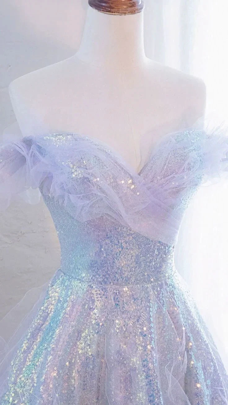 Purple Off Shoulder Sequin Tulle Long Prom Dress Purple Formal Evening Dresses Y4451