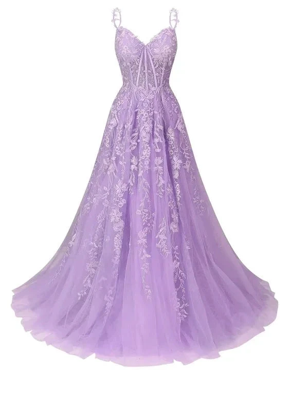 Tulle Lace Applique Prom Dresses Long for Women 2025 Spaghetti Straps A-Line Evening Cocktail Party Dresses Y6762