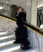 Black Evening Dress Puffy Skirt Long Sleeve Satin Mermaid Dubai Formal Evening Party Gowns Y4908