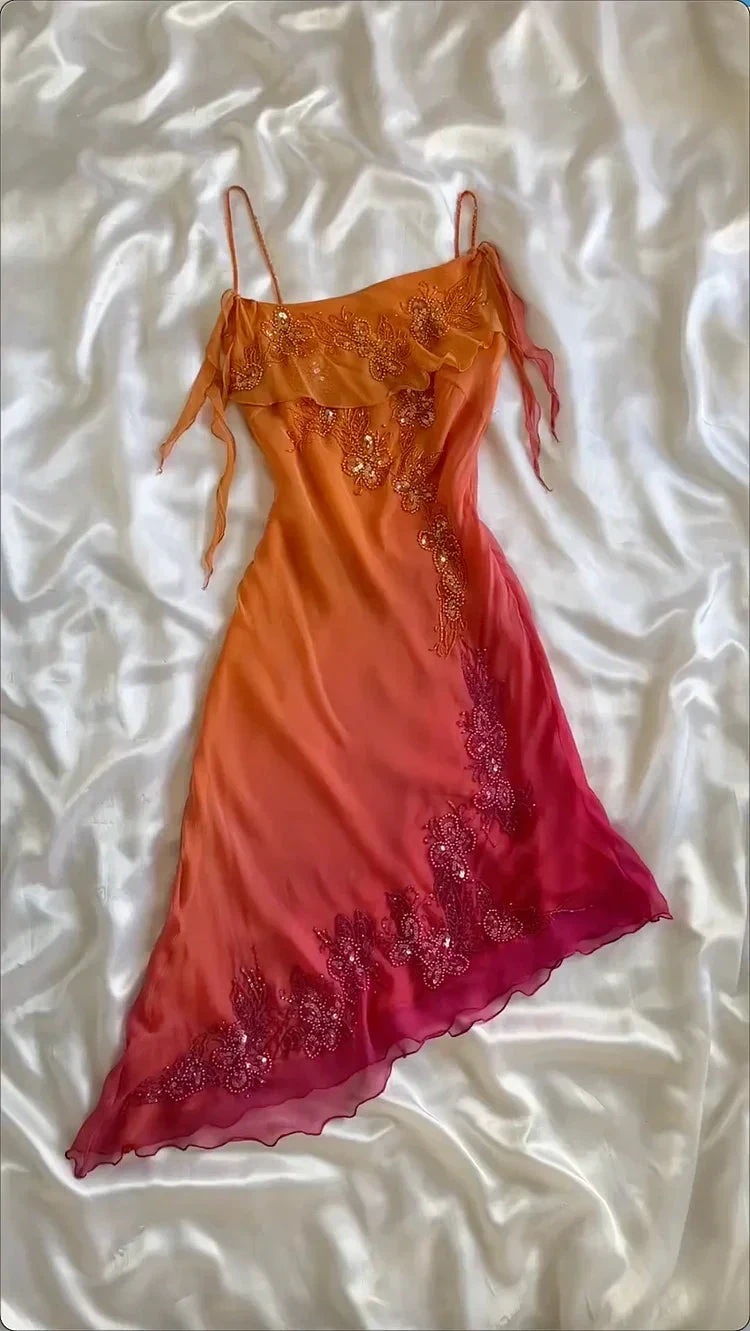Classy Spaghetti Straps Ombre Orange Chiffon Beaded Prom Dress Evening Gown Y8304
