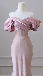 Flesh Pink Sequin Evening Gown Elegant Women's Off Shoulder Party Prom Evening Dress Y6963