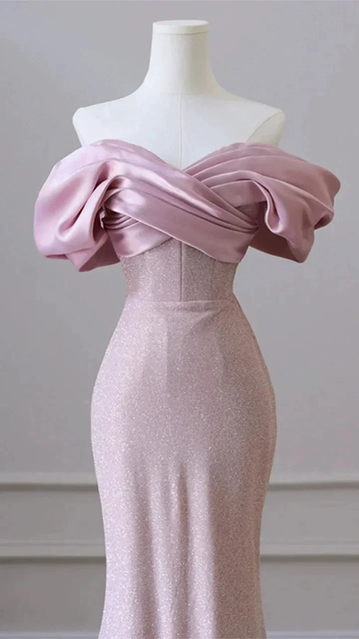 Flesh Pink Sequin Evening Gown Elegant Women's Off Shoulder Party Prom Evening Dress Y6963