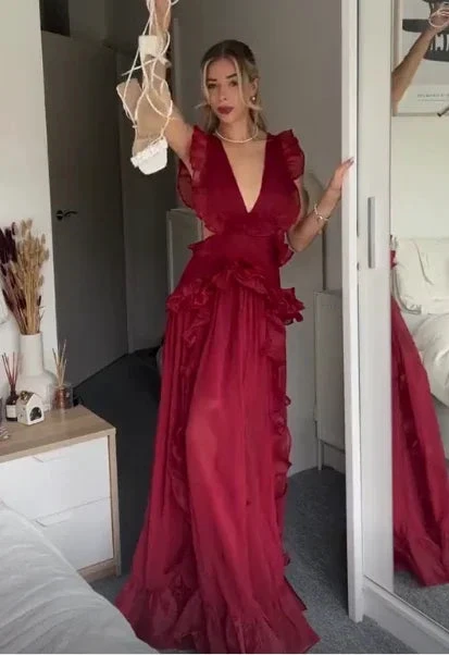 Beautiful Burgundy Chiffon Ruffles Evening Dress Slit Prom Dress Y7715