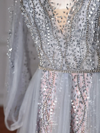 Classy Blue V Neck Sequins Beaded Tulle Prom Dress A Line Backless Evening Dress Y8644