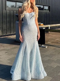 Gorgeous Sequins Beaded Mermaid Evening Dress Blue Straps Prom Dress Y8444