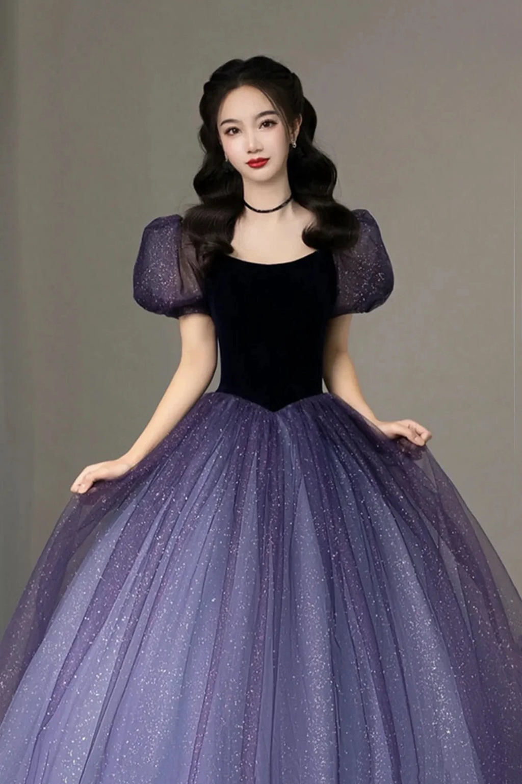 Purple Tulle Short Sleeve Formal Dress Cute A-Line Evening Dress Y4291