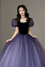 Purple Tulle Short Sleeve Formal Dress Cute A-Line Evening Dress Y4291