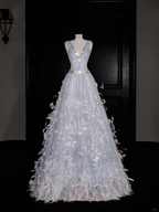 Glamorous V Neck Tulle Beaded Feathers A Line Prom Dress Evening Dress Y8682
