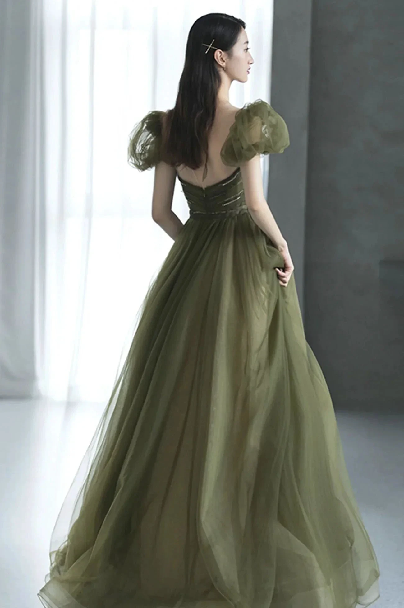 Green tulle long prom dress green evening dress Y623