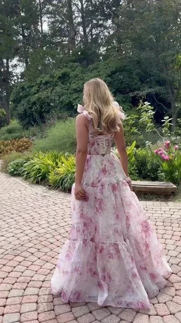 Pretty Chiffon Rose Print A Line Prom Dress Evening Dress Y8498