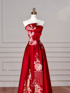 Gorgeous Red Satin Sequin Embroidery A Line Prom Dress Strapless Evening Dress Y8631