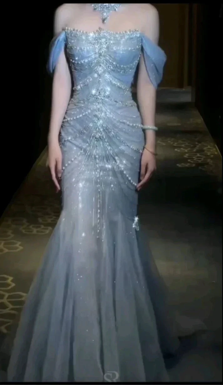 Gorgeous Blue Tulle Beaded wedding Prom Dress Off Shoulder Mermaid Evening Dress Y8058