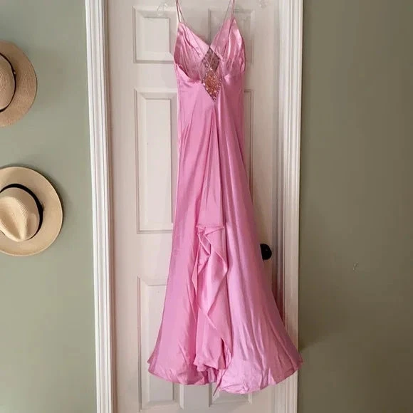 Gorgeous Pink Spaghetti Straps Satin Beaded Evening Dress Long Prom Dress Y8216