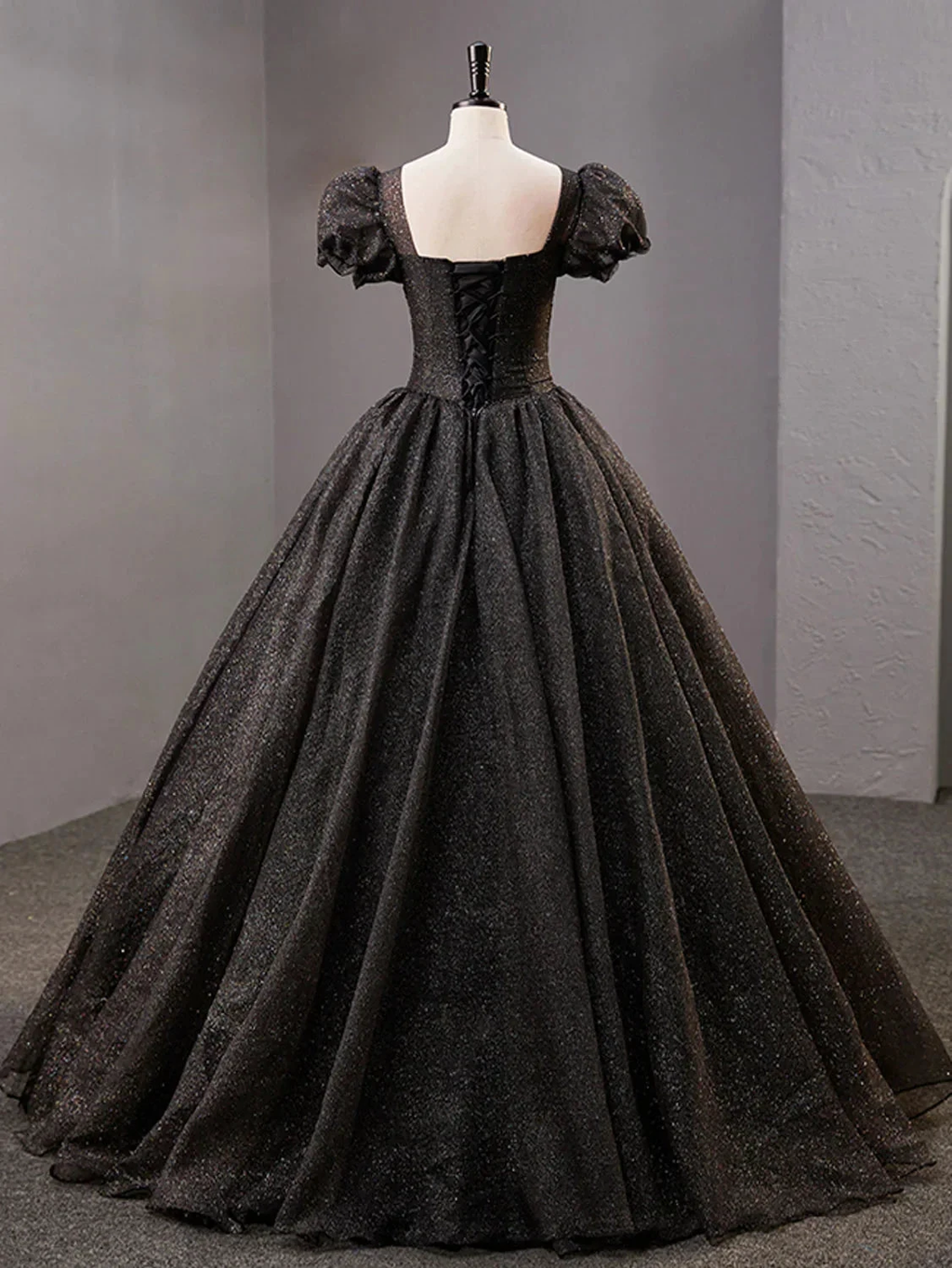 Black Square Neckline Tulle Long Prom Dress Shiny Black Evening Dresses Y4386