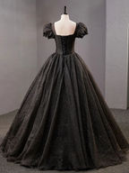 Black Square Neckline Tulle Long Prom Dress Shiny Black Evening Dresses Y4386