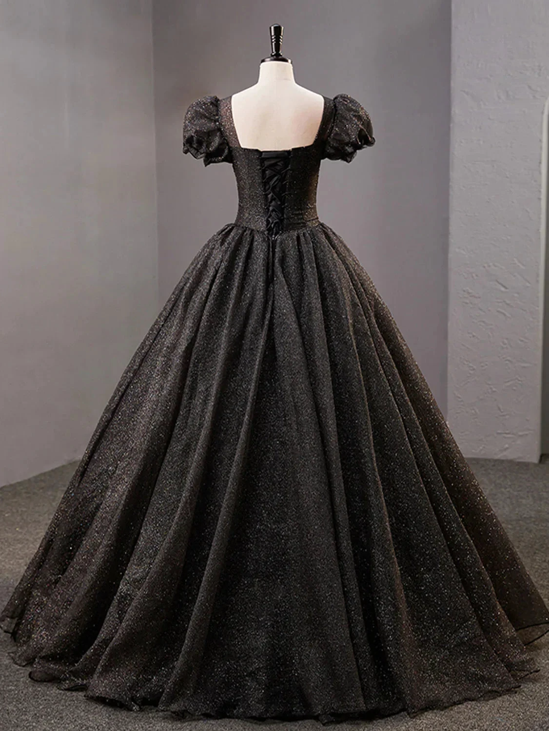 Black Square Neckline Tulle Long Prom Dress Shiny Black Evening Dresses Y4386