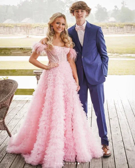 Pink Tulle Ruffled Gown Tulle Prom Dress Corset Tulle Evening Dress Y6093