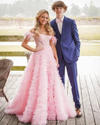 Pink Tulle Ruffled Gown Tulle Prom Dress Corset Tulle Evening Dress Y6093
