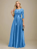 A-line Scoop Illusion Floor-Length Stretch Satin Lace Mother of the Bride Dress With Bow Sequins