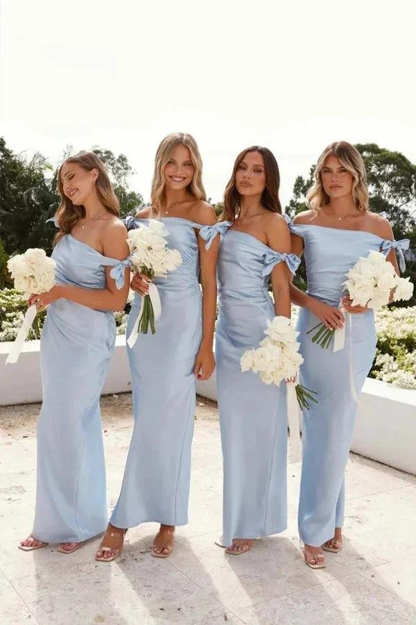 Off-Shoulder Sheath Pleated Satin Light Blue Bridesmaid Dress BD136