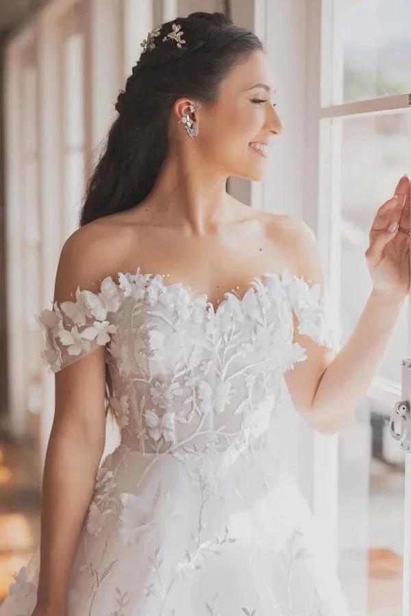 Elegant White Long A-line Off the Shoulder Tulle Floral Lace Wedding Dress