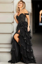 Tiered Ruffle Prom Dress High Slit Corset Prom Dress SYP174