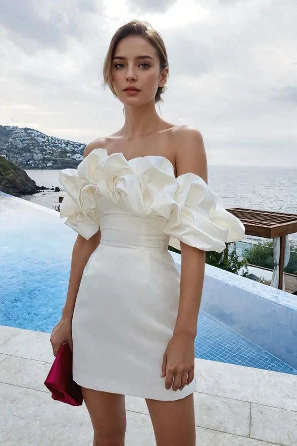 Off Shoulder Sleeveless Satin Mini Homecoming Dress With Ruffles PD540