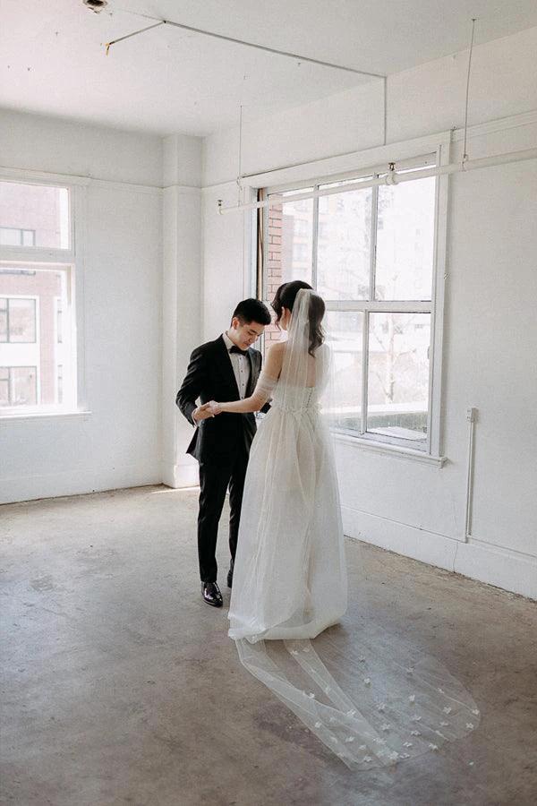 Off The Shoulder Satin Lace Split Wedding Dress With Long Veil WD604