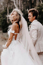 Off the Shoulder Ball Gown White Tulle Wedding Dresses with Applique  WD561