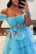 Adalynn | Royal Blue Off the Shoulder Ruffle Tiered Tulle Long Prom Dresses with Slit