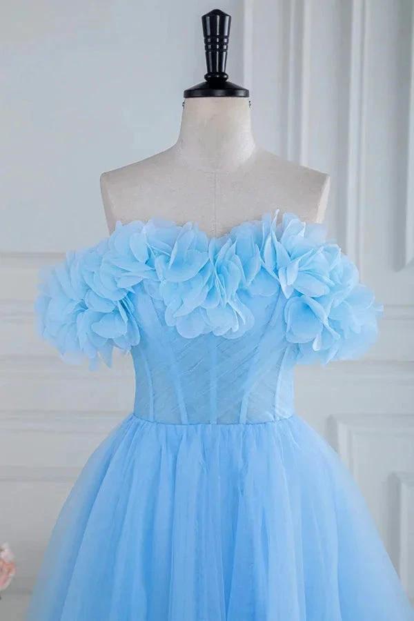 Off the Shoulder Strapless Flower A-Line Tulle Blue Prom Dress PSK474