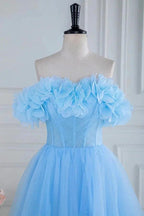 Off the Shoulder Strapless Flower A-Line Tulle Blue Prom Dress PSK474