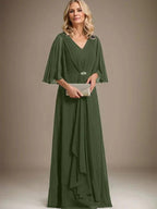 A-line V-Neck Floor-Length Chiffon Mother of the Bride Dress With Cascading Ruffles Crystal Brooch