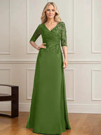 A-line V-Neck Floor-Length Lace Chiffon Mother of the Bride Dress With Pleated Sequins
