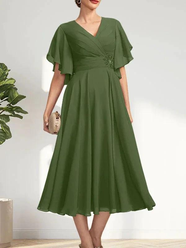 A-line V-Neck Tea-Length Chiffon Mother of the Bride Dress With Pleated Beading