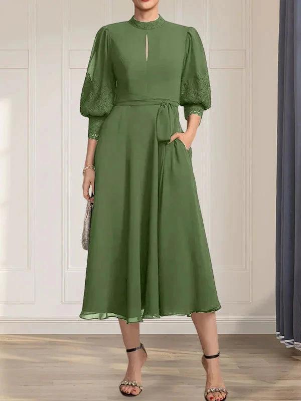 A-line High Neck Tea-Length Lace Chiffon Mother of the Bride Dress With Bow