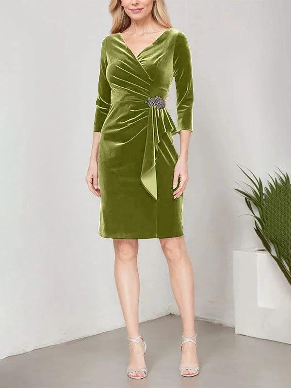 Short Velvet Sheath Dress with Surplice Neckline, Cascade Skirt and Embellishment Detail at Hip