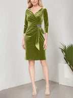 Short Velvet Sheath Dress with Surplice Neckline, Cascade Skirt and Embellishment Detail at Hip