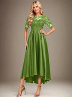 A-line Scoop Illusion Asymmetrical Stretch Satin Lace Mother of the Bride Dress With Sequins