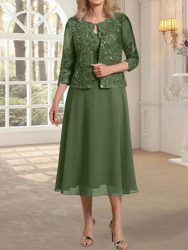 A-line Scoop Tea-Length Lace Chiffon Mother of the Bride Dress With Sequins