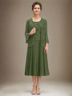 A-line Scoop Tea-Length Lace Chiffon Mother of the Bride Dress With Sequins