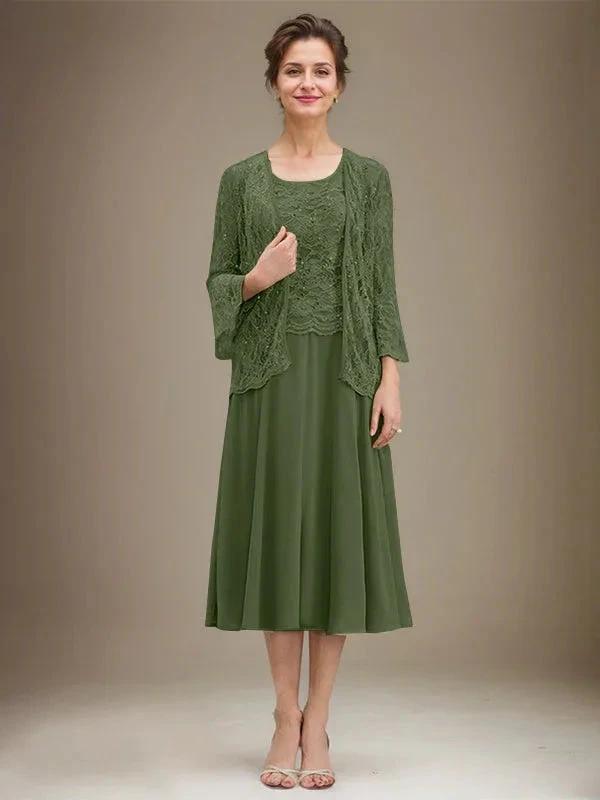 A-line Scoop Tea-Length Lace Chiffon Mother of the Bride Dress With Sequins